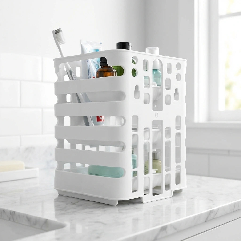 3-tier pantry organizer bin with cutout side panels, white plastic