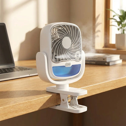 Portable clamp air cooler fan, white with blue panel and front grille
