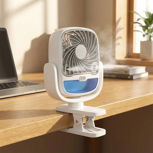 Portable clamp air cooler fan, white with blue panel and front grille