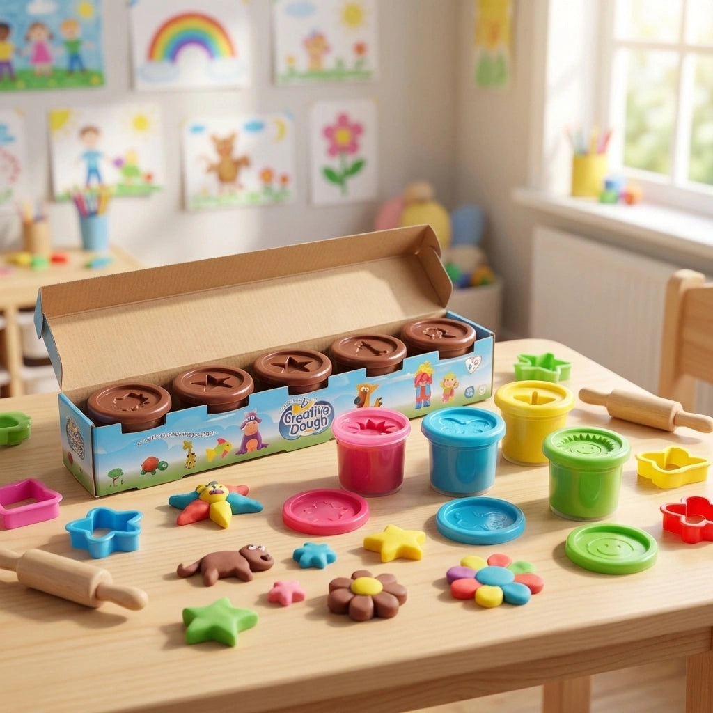 Non-toxic play dough set with colored dough tubs, star molds, and cutters on a table