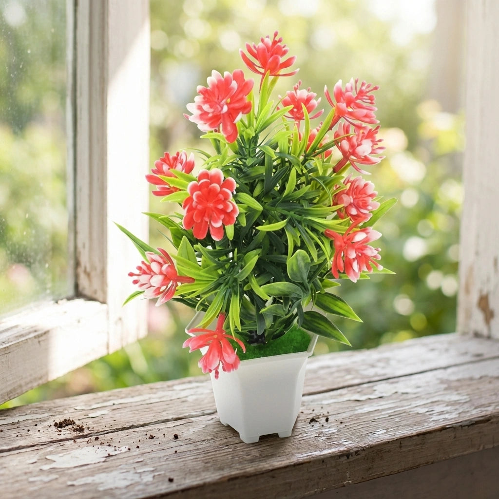 Artificial flower plant in white square pot with red and pink blossoms and green leaves