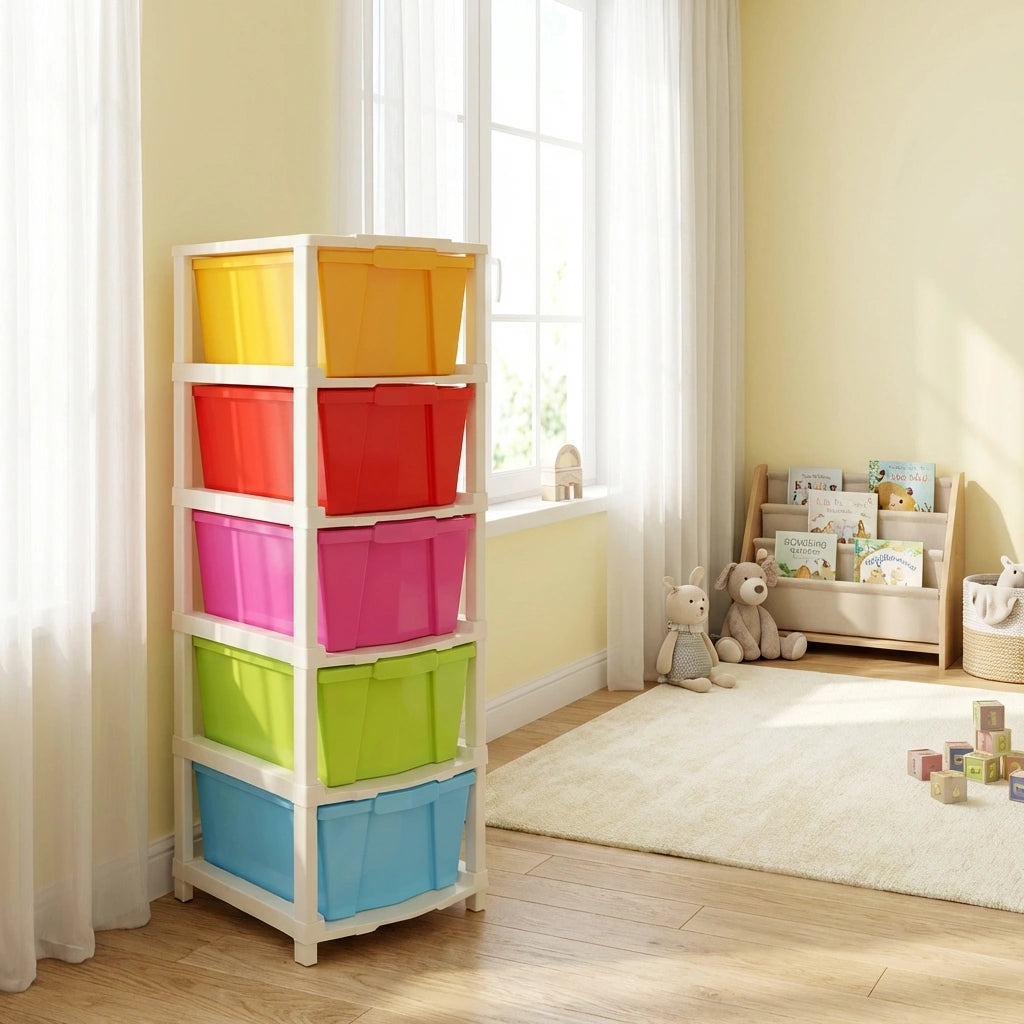 Five-layer modular drawer organizer with stackable colored bins
