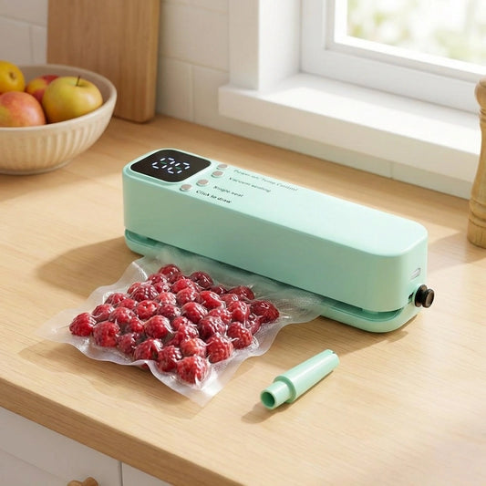 Rechargeable food vacuum sealer with teal body and control panel, shown with sealed bag