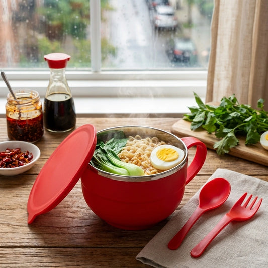 Red noodle bowl with hinged lid and serving spoon and fork set