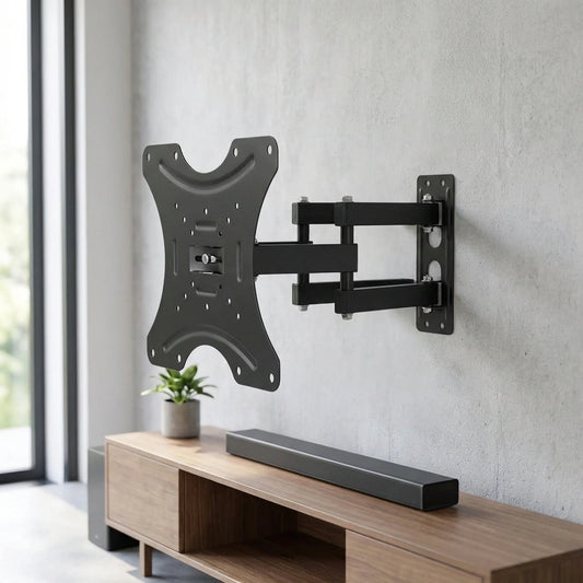 Movable TV wall mount bracket with hinged arms and mounting plate