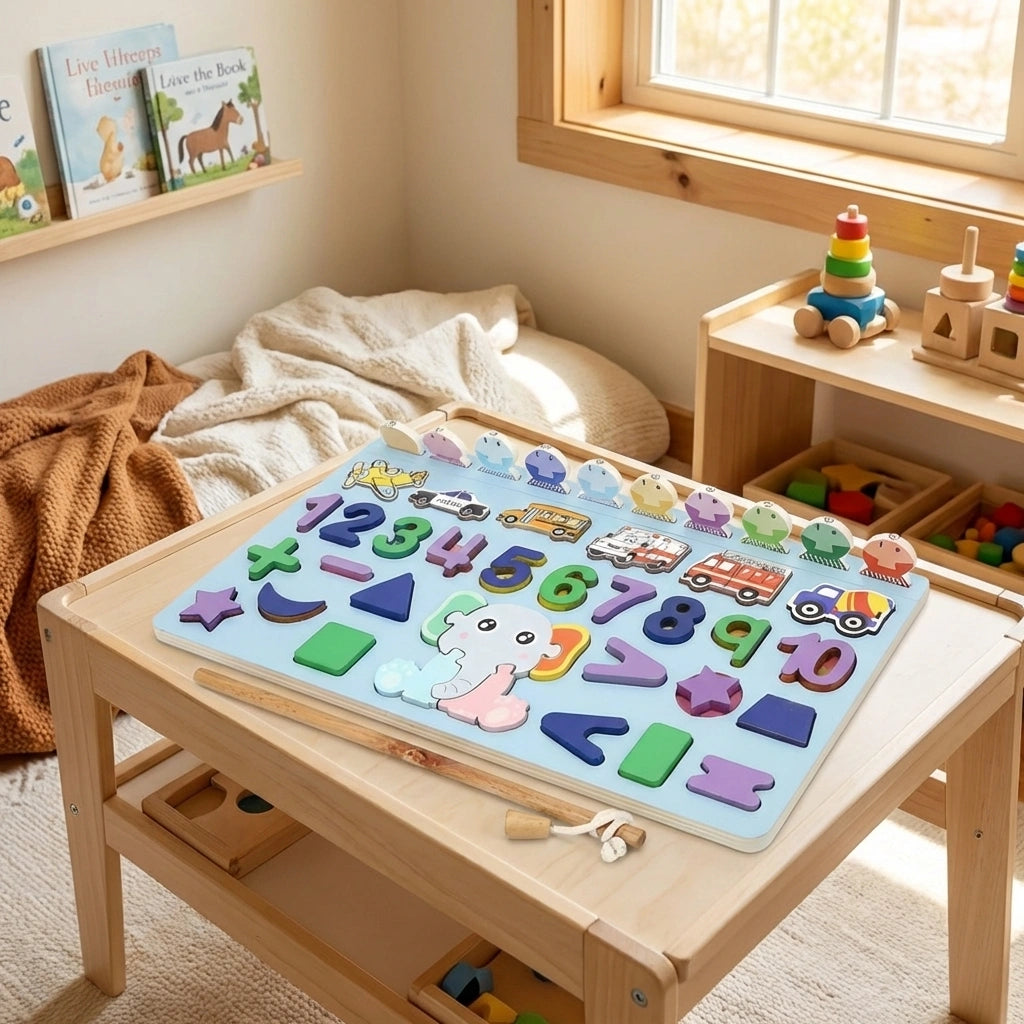 Wooden number puzzle board with colorful number and animal-shaped pieces on a light wood tray