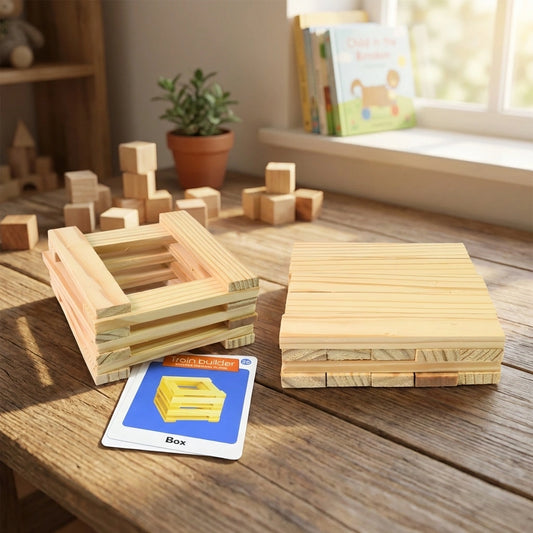 Wooden brain puzzle set with light wood pieces and illustrated instruction box
