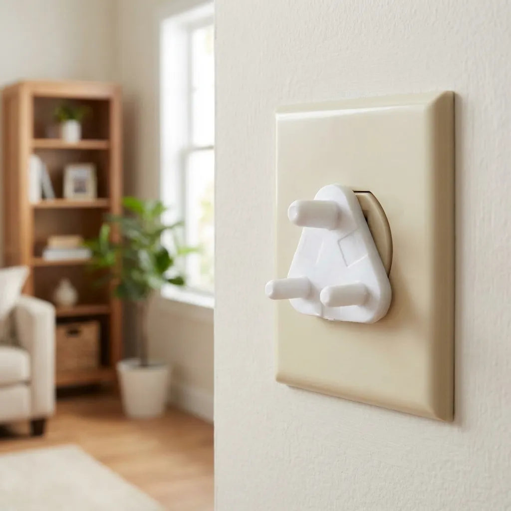 Baby outlet safety socket cover, white plastic hinged protector on wall