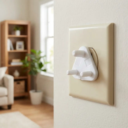 Baby outlet safety socket cover, white plastic hinged protector on wall