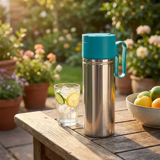 Stainless steel oil dispenser with blue lid and handle, 1000 ml