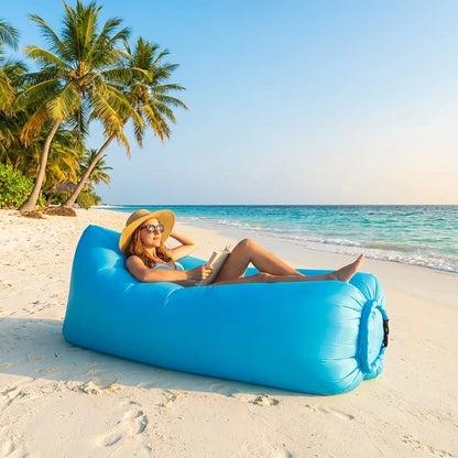 Blue inflatable air lounger with headrest and arm area, for beach lounging.