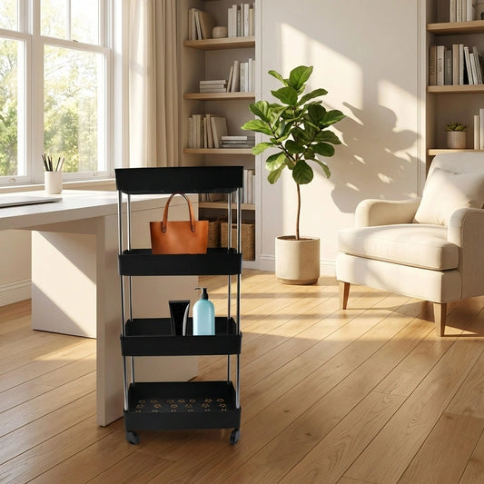 4-layer rolling storage cart with black shelves and caster wheels, tall frame