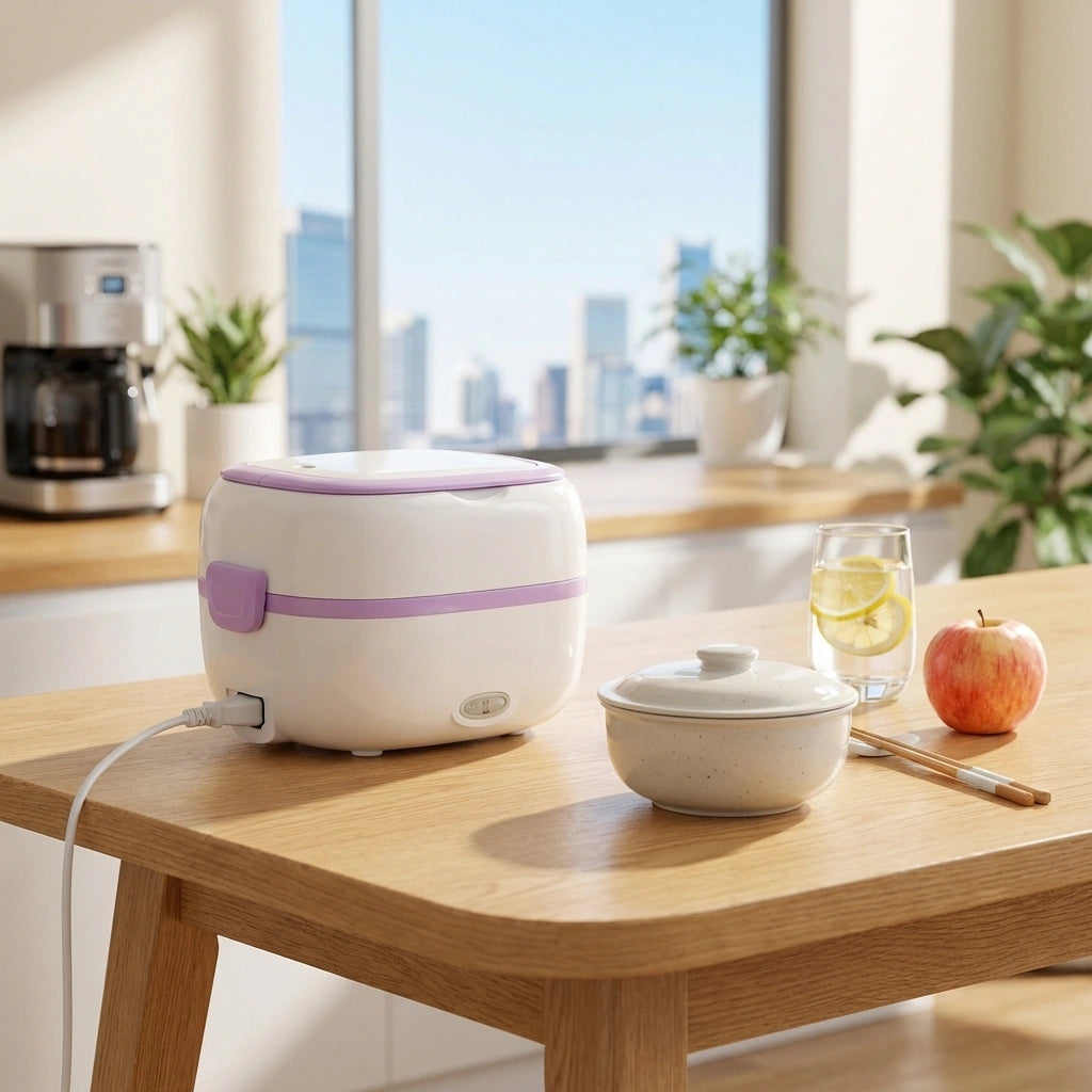 Portable electric food warmer, white with purple lid and handle switch