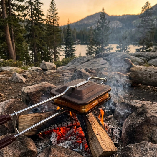 Flame-based sandwich toaster with long handle, set over open fire flames