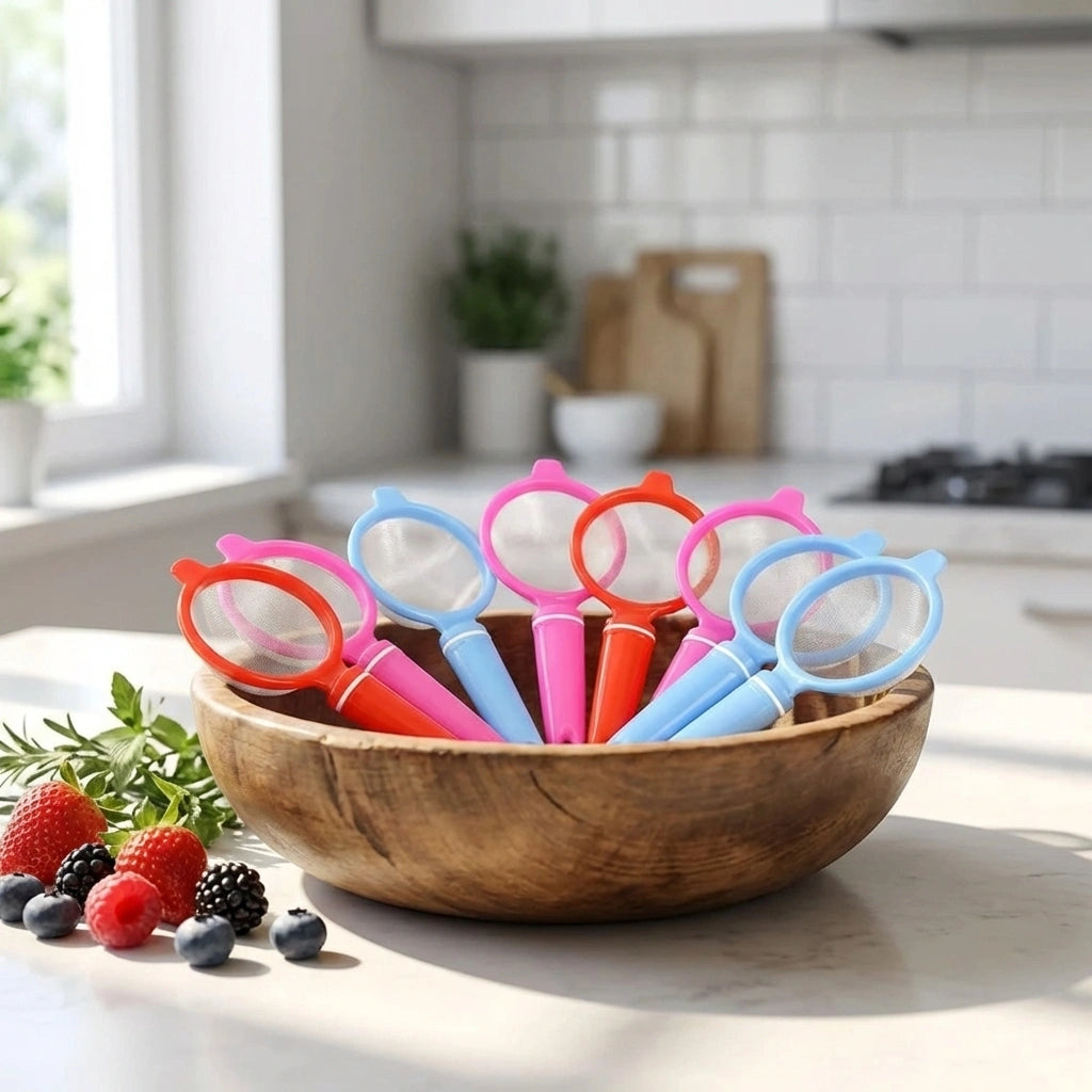 12-pack plastic strainers, assorted colors with ring handles in a wooden bowl
