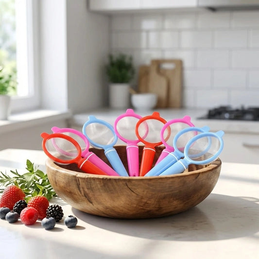 12-pack plastic strainers, assorted colors with ring handles in a wooden bowl