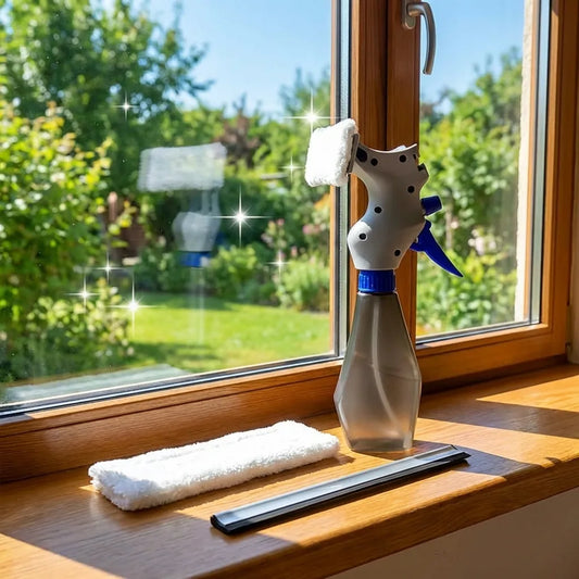 3-in-1 spray glass cleaner brush with cloth pad attachment for window glass