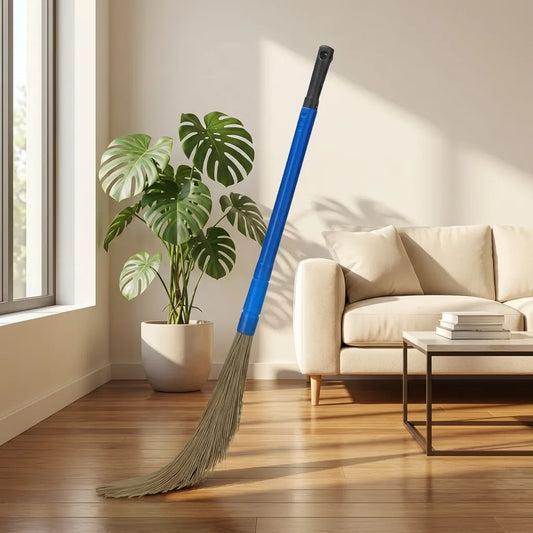 Floor broom with blue handle and gray bristles
