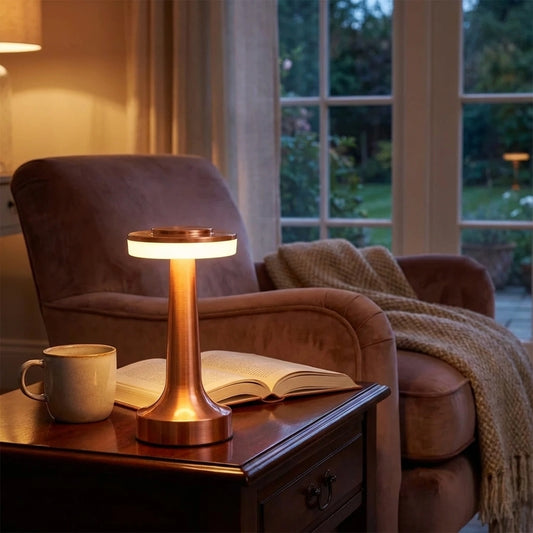 Warm-lit LED touch control table lamp with cylindrical base and round top shade