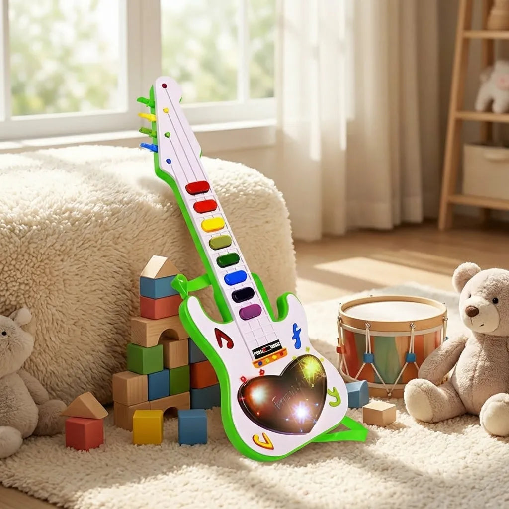 Mini toy guitar with colored frets and glowing sound effects, child-sized