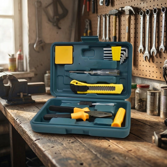 Blue electrician tool set case with assorted hand tools and bits