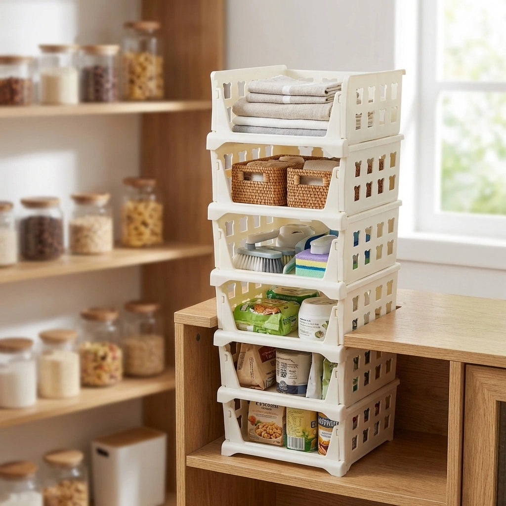 Stackable ventilated storage cart with four white plastic crates, open fronts and vent slots