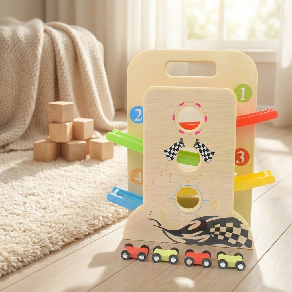 Wooden click-clack car racer toy with numbered track and checkered ramp