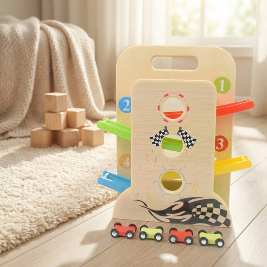 Wooden click-clack car racer toy with numbered track and checkered ramp