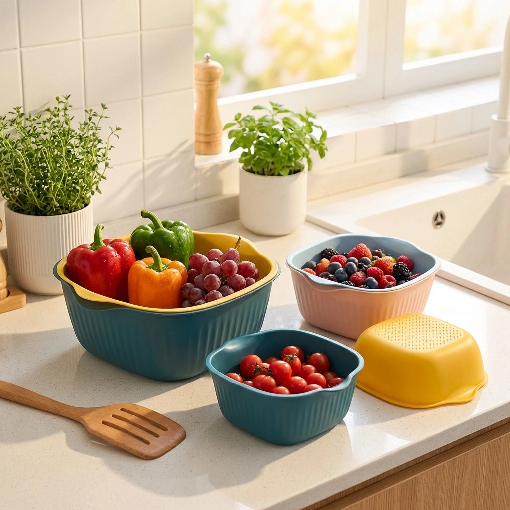 Dual-use washing and strainer bowl set, teal bowls with yellow cover