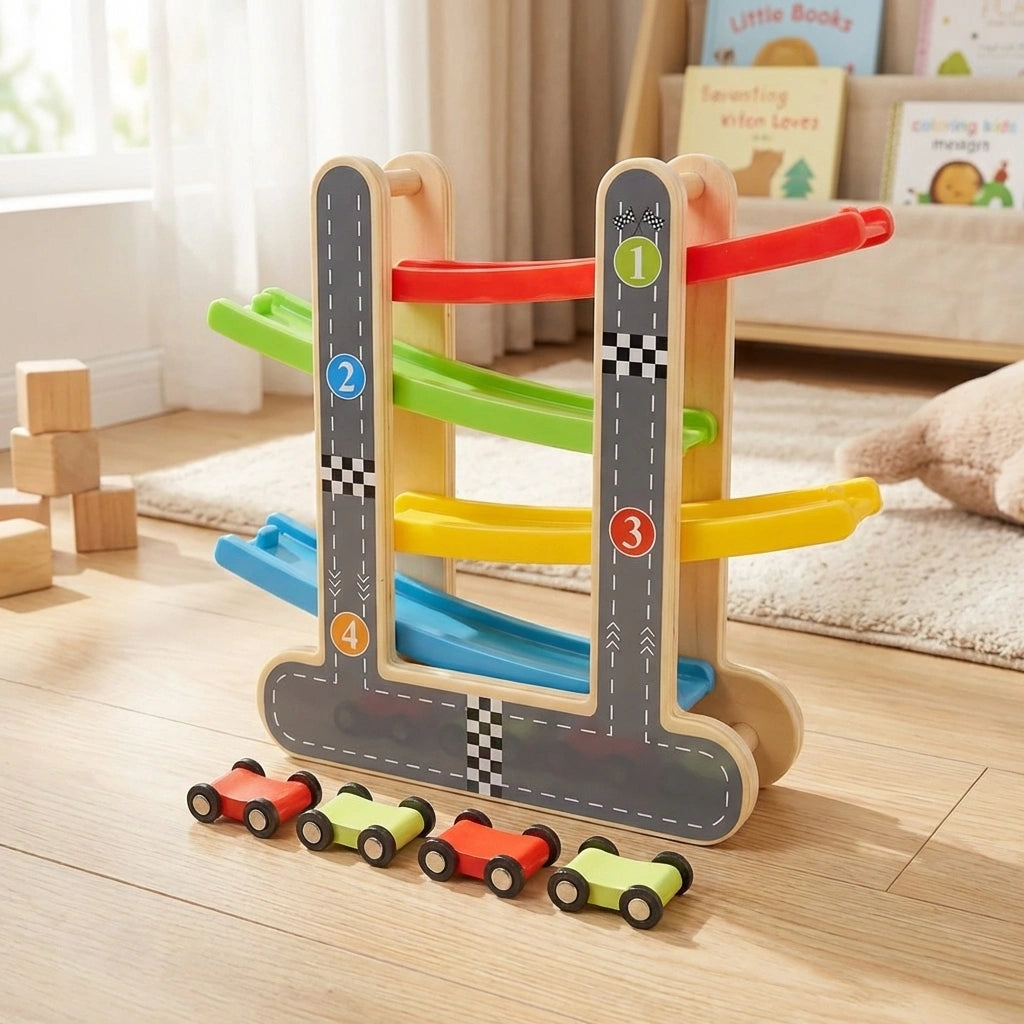 Wooden click-clack race track with colored rails, checkered towers, and toy cars
