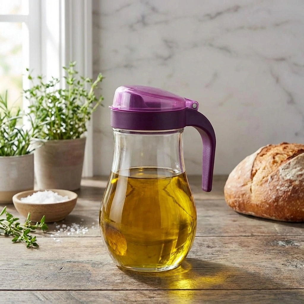 Glass oil dispenser bottle with purple leak-proof lid and handle