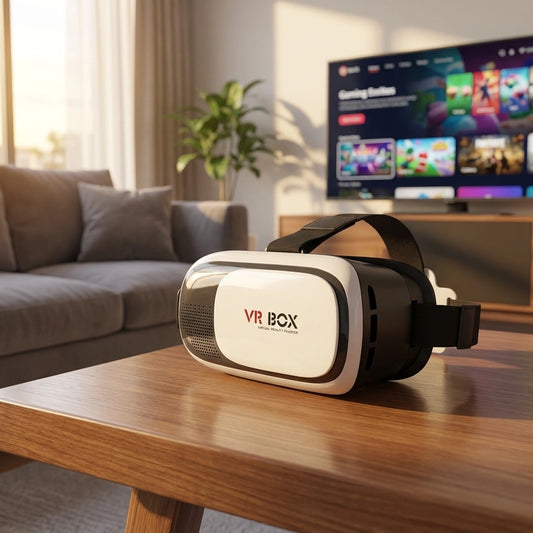 VR headset with adjustable strap, white front and black sides