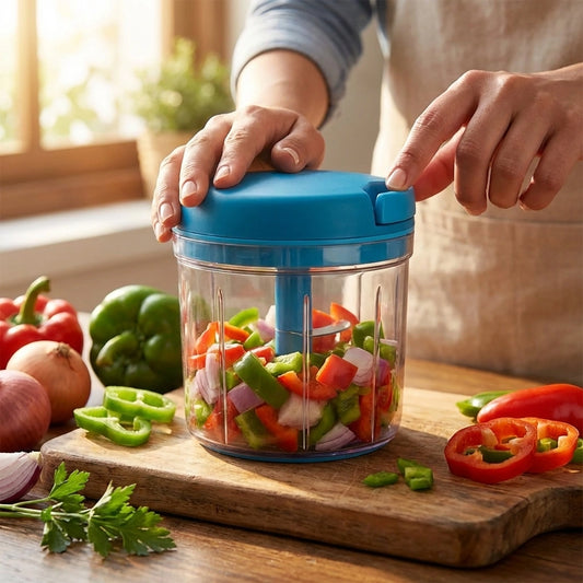 Manual vegetable chopper with transparent bowl and blue lid