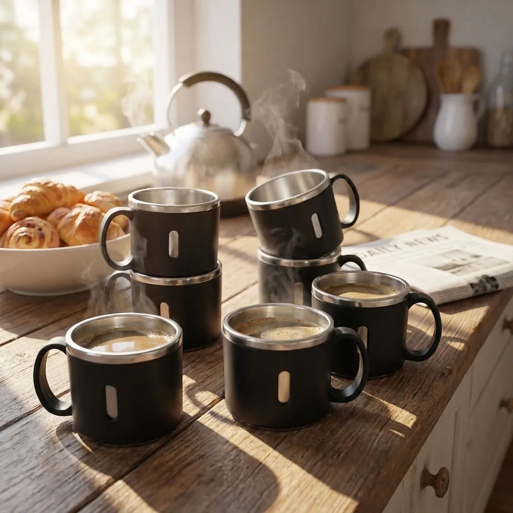 Stainless steel mug set with black cups and stainless rims, set of five