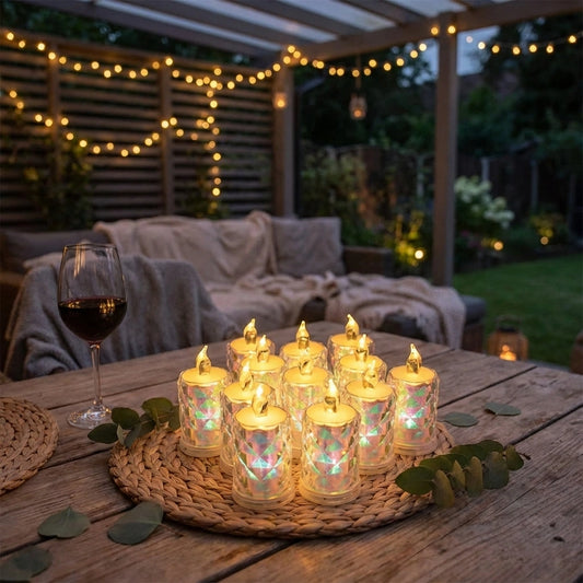 LED tealight candles with flickering light in glass holders, on round tray
