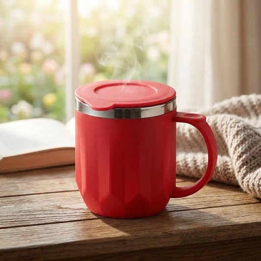Insulated travel mug with red handle and lid, stainless-steel rim