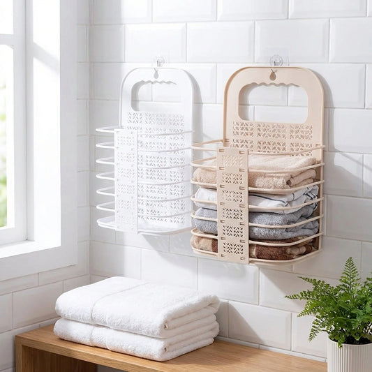 Wall-mounted collapsible laundry baskets in white and beige with front handles