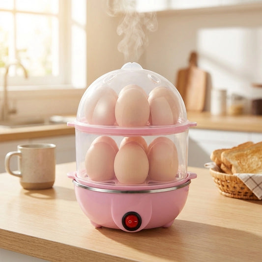 Pink electric egg cooker with clear dome and six eggs on base