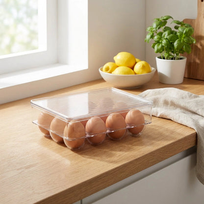 Clear egg storage box with 12 cavities and hinged lid, holding brown eggs