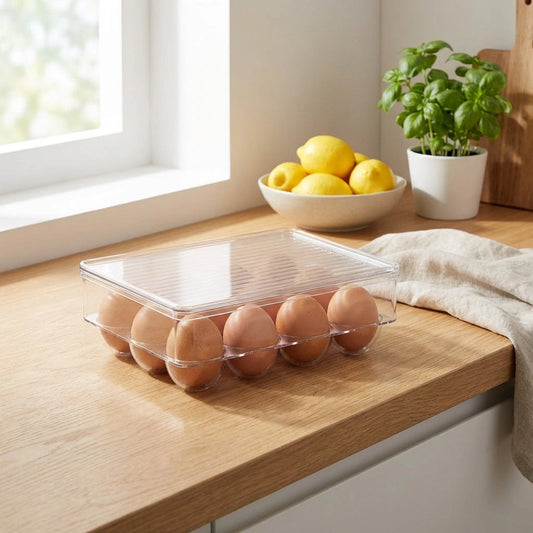 Clear egg storage box with 12 cavities and hinged lid, holding brown eggs
