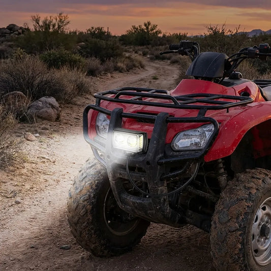 Universal mini LED fog light with red housing and black mounting bracket