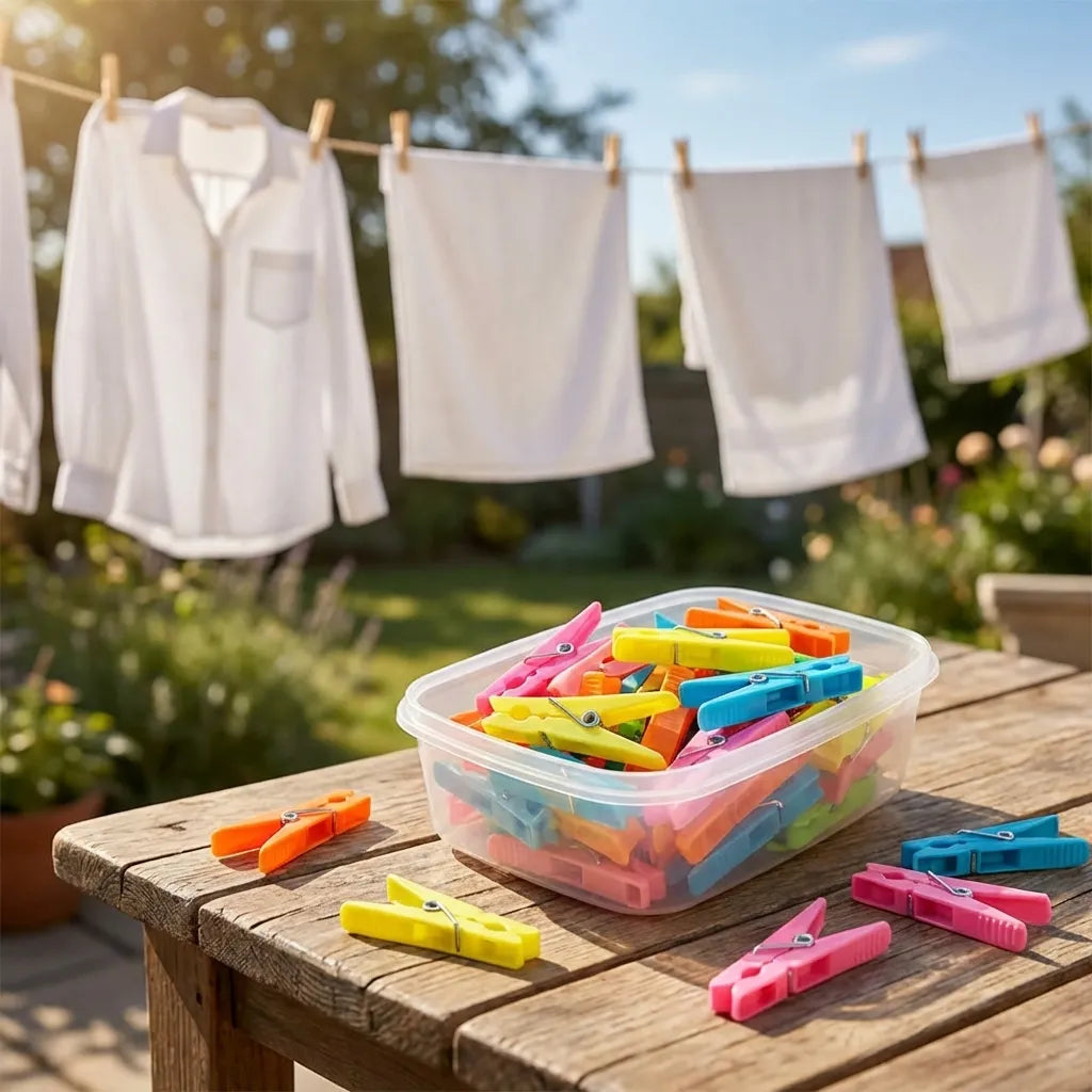 Plastic clothes clips, assorted colors, loose clips in clear storage box on table