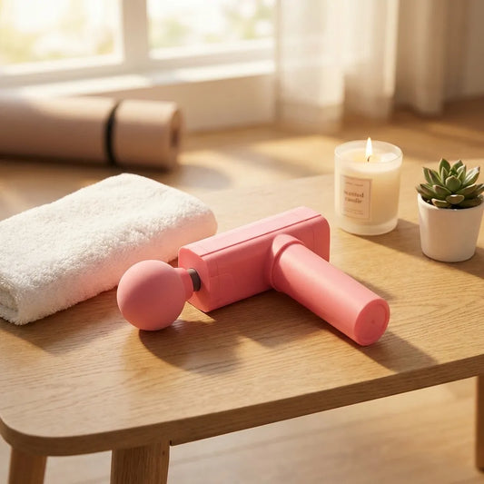 Pink handheld massage gun with round attachment head