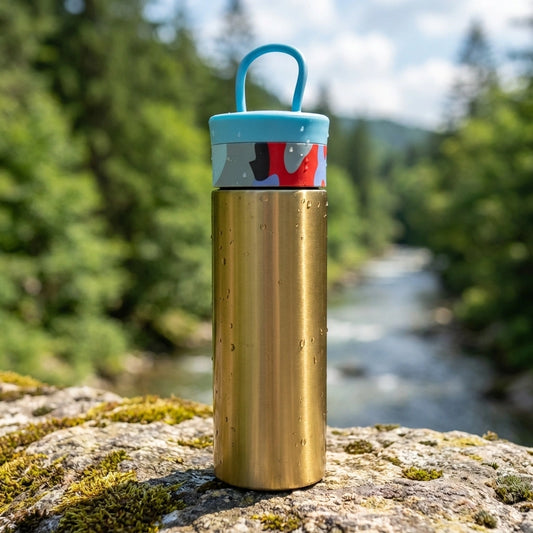 300 ml stainless steel insulated bottle, gold with blue carry handle and printed lid