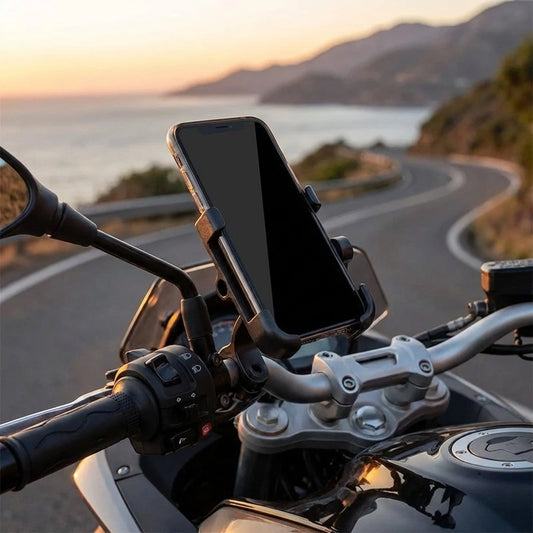 360-degree rotating mobile holder on motorcycle handlebar with phone