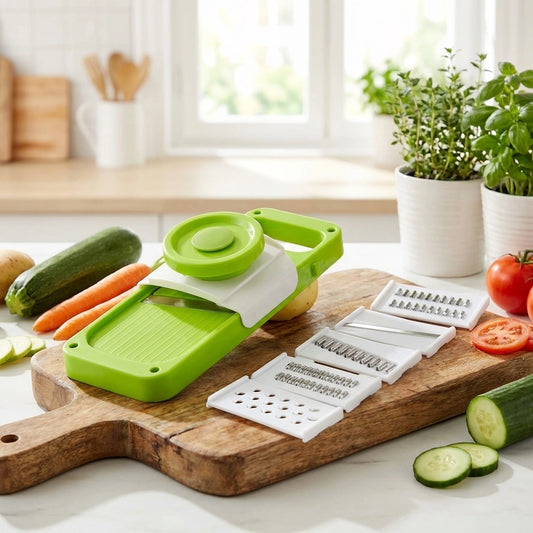 Foldable veggie slicer with green base and white blade inserts, with folding frame