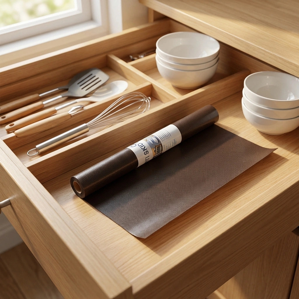 Anti-slip shelf liner roll with woven textured sheet in a wooden drawer