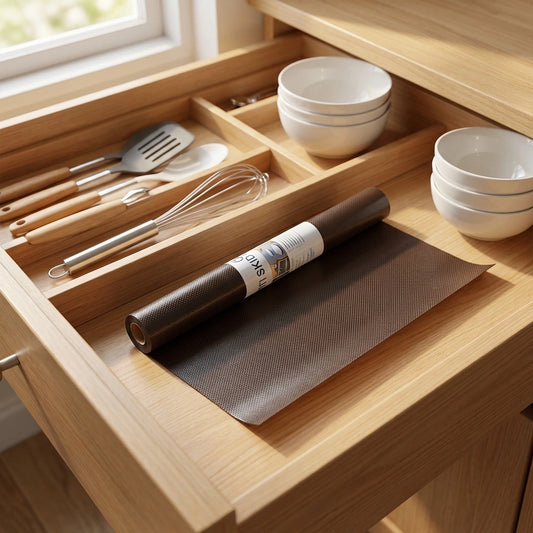 Anti-slip shelf liner roll with woven textured sheet in a wooden drawer