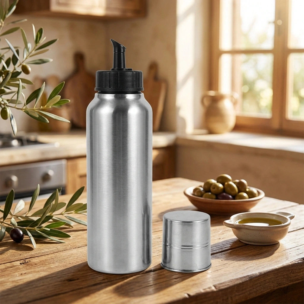 Stainless steel oil pourer bottle with black flip cap and metal lid