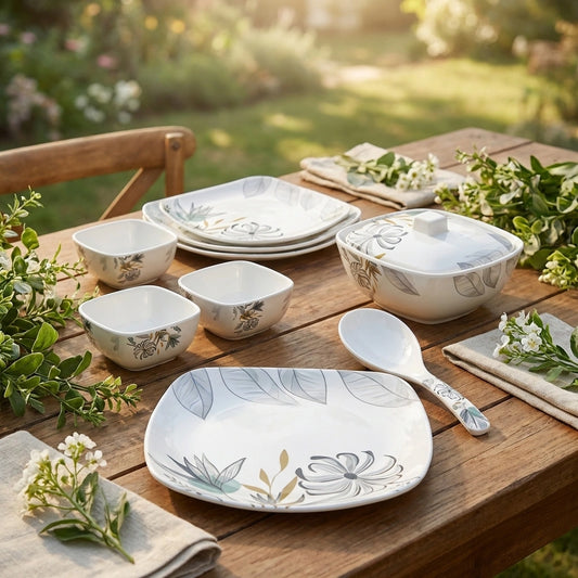 11-piece dinner set, white ceramic bowls and plates with leaf and floral pattern